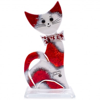Tierfigur Katze aus Glas rot und weiß Fusingtechnik